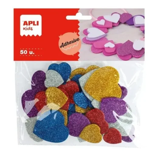 APLI FORMAS DE CORAZONES ADHESIVAS DE GOMA EVA - 50 FORMAS - MEDIDAS SURTIDAS - MATERIAL SUAVE Y SEGURO - COLORES SURTIDOS PURPURINA