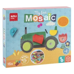 APLI MOSAICO EDUCATIVO DE MADERA - 15 PIEZAS DE DIFERENTES FORMAS Y COLORES - 5 LAMINAS CON DISEÑOS - TAMAÑO DE LAMINAS: 280X180X2MM - CAJA CON 2 COMPARTIMENTOS - COLOR NATURAL
