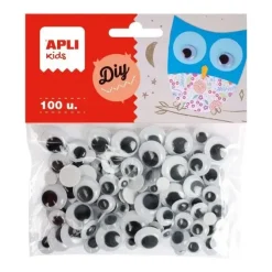 APLI PACK DE 100 OJOS MOVILES REDONDOS ADHESIVOS - MEDIDAS SURTIDAS Ø 7 MM, Ø 10 MM, Ø 12 MM Y Ø 15 MM - COLOR NEGRO