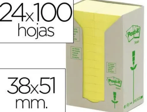 BLOC DE NOTAS ADHESIVAS QUITA Y PON RECICLADAS EN TORRE POST-IT 38 X 51 MM 24 BLOCS 653 RECICLADO