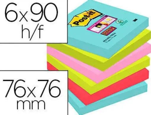 BLOC DE NOTAS ADHESIVAS QUITA Y PON POST-IT SUPER STICKY 76X76 MM CON 90 HOJAS PACK DE 6 UNIDADES COLORES MIAMI