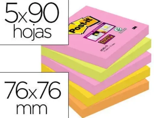 BLOC DE NOTAS ADHESIVAS QUITA Y PON POST-IT SUPER STICKY 76X76 MM CON 90 HOJAS PACK DE 5 BLOC COLORES SURTIDOS
