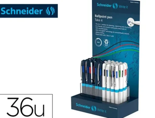 BOLIGRAFO SCHNEIDER TAKE 4 RECICLADO 92% CUATRO COLORES EXPOSITOR DE 36 UNIDADES 160X100X305 MM