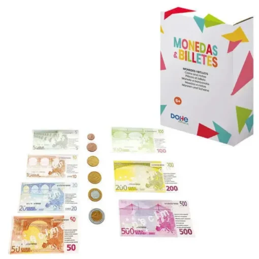 DOHE JUEGO DE MONEDAS Y BILLETES DE EURO - PLASTICO RESISTENTE - REUTILIZABLE - RECOMENDADO PARA PRIMARIA