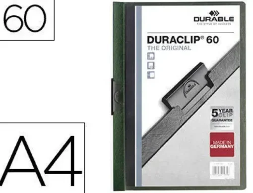 DURABLE DURACLIP 60 CARPETA DE PLASTICO CON CLIP DE ACERO - TAMAÑO A4 - CAPACIDAD HASTA 60 HOJAS - PARTE POSTERIOR RIGIDA COLOR VERDE OSCURO
