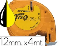 DYMO LETRATAG S0721620 CINTA DE ETIQUETAS ORIGINAL PARA ROTULADORA - TEXTO NEGRO SOBRE FONDO AMARILLO - ANCHO 12MM X 4 METROS (91202)