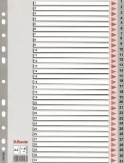 ESSELTE BOLSA DE 25 INDICES NUMERICOS DE PLASTICO - PESTAÑAS 1 AL 31 - MULTITALADRO - FORMATO A4 - COLOR GRIS