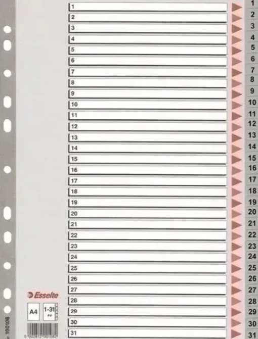 ESSELTE BOLSA DE 25 INDICES NUMERICOS DE PLASTICO - PESTAÑAS 1 AL 31 - MULTITALADRO - FORMATO A4 - COLOR GRIS