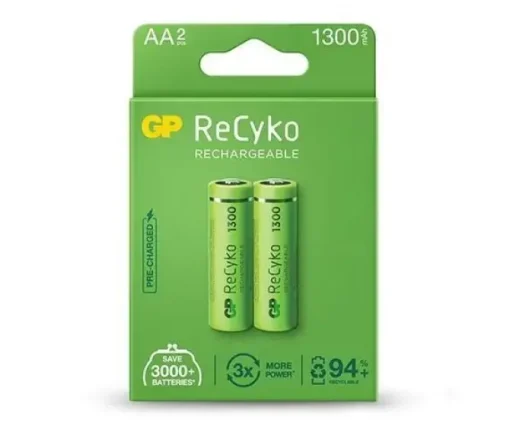 GP RECYKO PACK DE 2 PILAS RECARGABLES 1300MAH AA 1.2V - PRECARGADAS - FABRICADAS CON MAS DEL 10% DE MATERIALES RECICLADOS