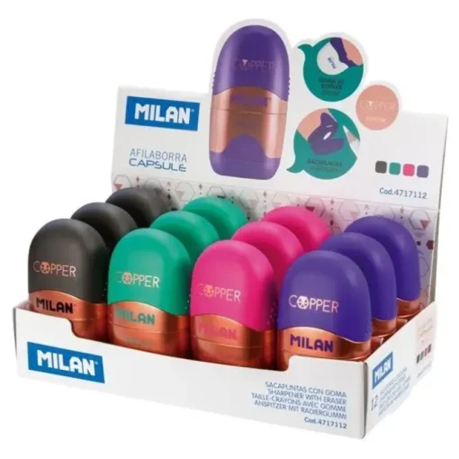 MILAN CAPSULE COPPER EXPOSITOR DE 12 AFILABORRAS - CUCHILLA DE ACERO - GOMA DE BORRAR - CUCHILLA DE SEGURIDAD - COLORES SURTIDOS