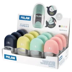 MILAN CAPSULE SILVER EXPOSITOR DE 12 AFILABORRAS - CUCHILLA DE ACERO - GOMA DE BORRAR - CUCHILLA DE SEGURIDAD - COLORES SURTIDOS