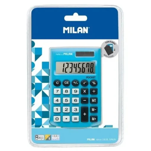 MILAN DIGITOS POCKET CALCULADORA 8 - CALCULADORA DE BOLSILLO - TACTO SUAVE - 3 TECLAS DE MEMORIA Y RAIZ CUADRADA - COLOR AZUL