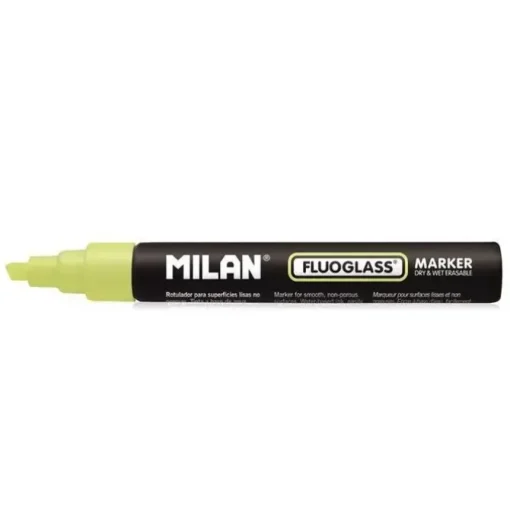 MILAN FLUOGLASS ROTULADOR SUPERFICIES LISAS - PUNTA BISELADA - TRAZO DE 2 - 4MM - TINTA AL AGUA - BORRADO FACIL - COLOR AMARILLO