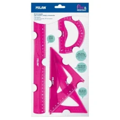 MILAN PACK DE 4 REGLAS FLEXIBLES Y RESISTENTES - REGLA, ESCUADRA, CARTABON Y TRANSPORTADOR - COLOR ROSA