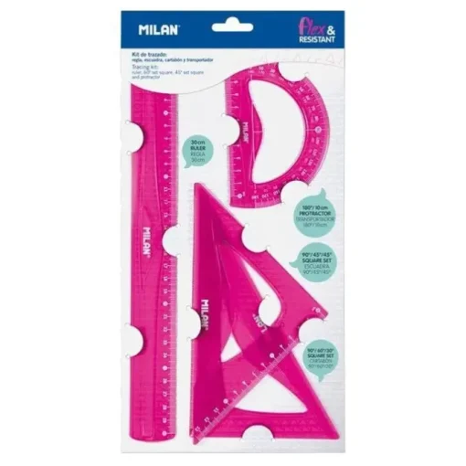 MILAN PACK DE 4 REGLAS FLEXIBLES Y RESISTENTES - REGLA, ESCUADRA, CARTABON Y TRANSPORTADOR - COLOR ROSA