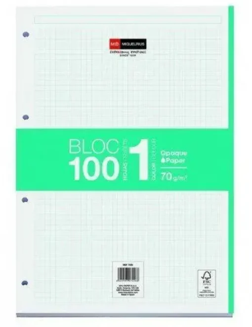 MIQUEL RIUS BLOC1 BLOC ENCOLADO FORMATO A4 - 100 HOJAS DE 70GR CON 4 TALADROS - BANDA DE LAS HOJAS TURQUESA - BASE DE CARTON - CUADRICULA 5X5