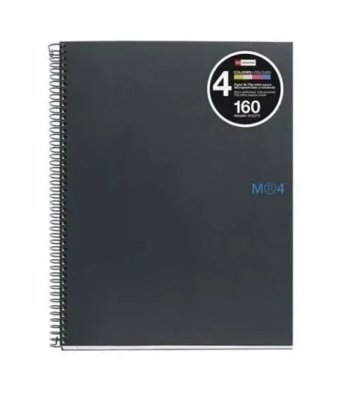MIQUEL RIUS NOTEBOOK4 CUADERNO DE ESPIRAL FORMATO A4 - 160 HOJAS DE 90GR MICROPERFORADAS CON 4 TALADROS - CUBIERTAS DE CARTON EXTRADURO - CUADRICULA 5X5 - COLOR GRIS OSCURO