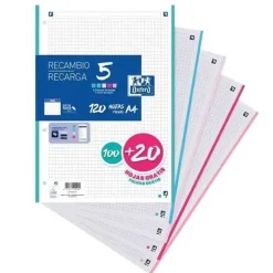 OXFORD RECAMBIO A4 100+20 HOJAS GRATIS CUADRO 5MM 5 COLORES PASTEL