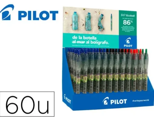 PILOT EXPOSITOR 60 BOLIGRAFOS DE BOLA RETRACTILES B2P ECOBALL BEGREEN + 10 B2P GEL BEGREEN - 86,64% DE PLASTICO RECICLADO - RECARGABLE - COLORES SURTIDOS