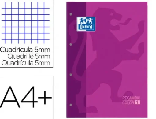 RECAMBIO COLOR 1 OXFORD DIN A4+ 80 HOJAS 90 GR CUADRO 5 MM 4 TALADROS COLOR MORADO