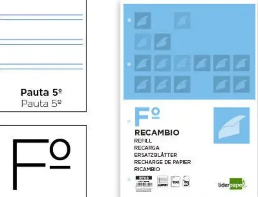 RECAMBIO LIDERPAPEL FOLIO 100 HOJAS 60G/M2PAUTA 5ª 2.5MM CON MARGEN 4 TALADROS