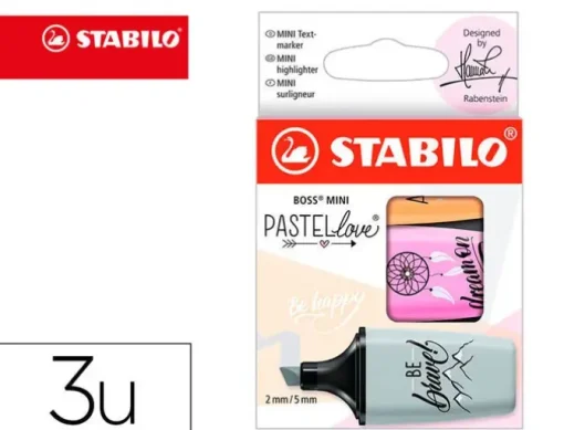 ROTULADOR STABILO BOSS MINI PASTEL LOVE ESTUCHE DE 3 UNIDADES FUCSIA HELADO/NARANJA PALIDO/GRIS
