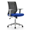 SILLA ROCADA DE OFICINA BRAZOS REGULABLES ESTRUCTURA GRIS RESPALDO MALLA Y ASIENTO TELA IGNIFUGA AZUL