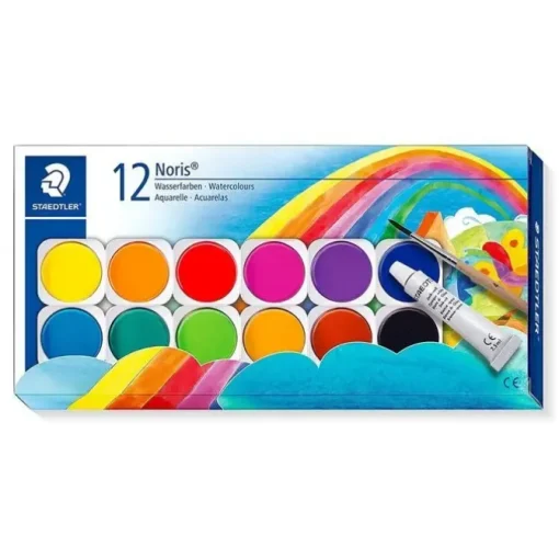 STAEDTLER NORIS 888 12 PASTILLAS DE ACUARELA + TUBO ZINC BLANCO + PINCEL - MEZCLABLES ENTRE SI - COLORES SURTIDOS