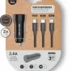 TECHONETECH CARGADOR DE COCHE 2X USB-A + CABLE 3 EN 1 MICROUSB, LIGHTNING Y USB-C - COLOR NEGRO