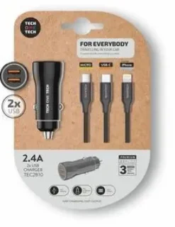 TECHONETECH CARGADOR DE COCHE 2X USB-A + CABLE 3 EN 1 MICROUSB, LIGHTNING Y USB-C - COLOR NEGRO
