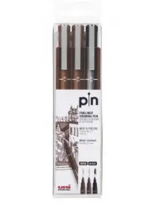 UNI-BALL ROTULADOR CALIBRADO UNI PIN ESTUCHE 3 UD. - PUNTA POLIACETAL DE 0.1 Y 0.5 MM. - TINTA RESISTENTE AL AGUA Y A LA LUZ - COLOR NEGRO 1 UD. Y SEPIA 2 UD.