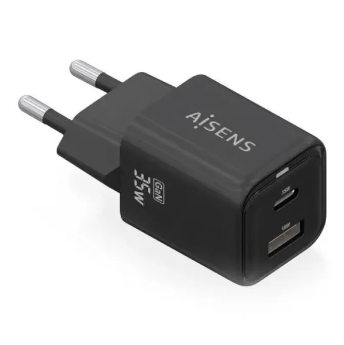 AISENS CARGADOR GAN USB-C 35W - ALTA EFICIENCIA ENERGETICA - TECNOLOGIA AI PARA CARGA RAPIDA - MULTIPLES PROTECCIONES DE SEGURIDAD - COMPATIBLE CON PD3.0 Y QC3.0 - CARGA SIMULTANEA USB-C Y USB-A