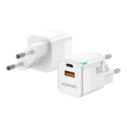 AISENS CARGADOR GAN 20W - 1XUSB-C PD3.0 QC4.0 - 1XUSB-A QC3.0 - COLOR BLANCO