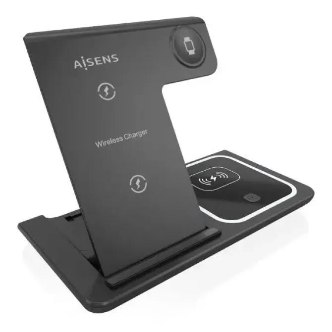 AISENS CARGADOR INALAMBRICO USB-C 3 EN 1 DE 15W PARA MOVIL - APPLE WATCH - ARICULARES CON ESTUCHE DE CARGA - COLOR NEGRO