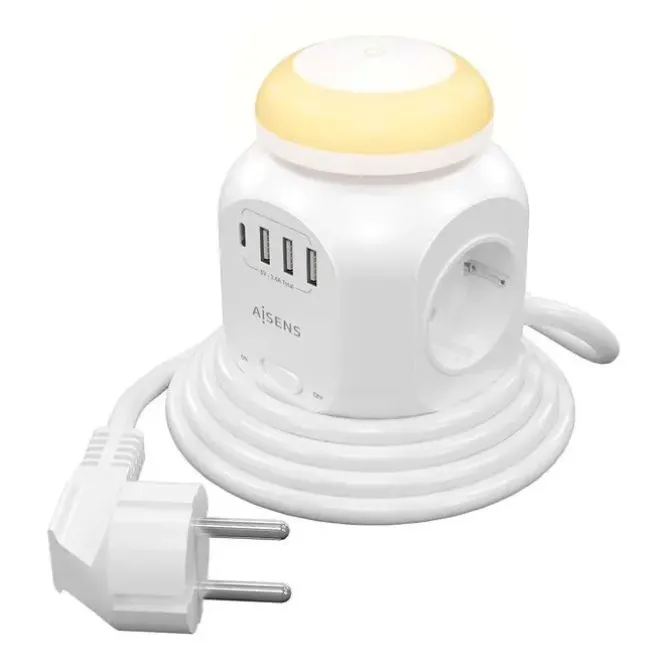 AISENS REGLETA DE ENCHUFES SOBREMESA MULTIFUNCION CON 4 TOMAS + 1XUSB-C - 3XUSB-A - LUZ NOCTURNA - 1.8M - COLOR BLANCO
