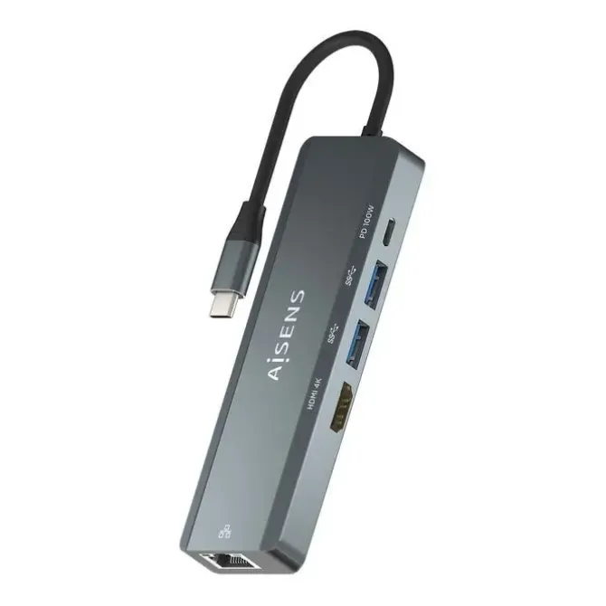 AISENS USB-C DOCK 5 EN 1 - USB-C A 1XHDMI - 1XRJ45 - 2XUSB - 1XPD - 15CM - COLOR GRIS