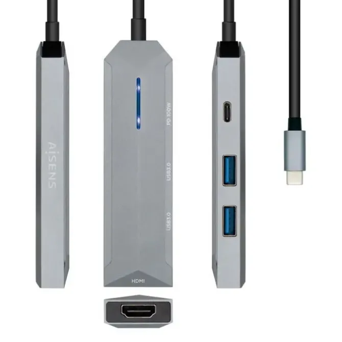 AISENS USB-C DOCK 4 EN 1 - USB-C A 1XHDMI - 2XUSB - 1XPD - 15CM - COLOR GRIS