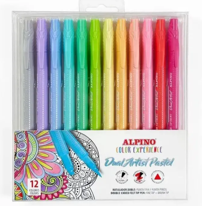 ALPINO COLOR EXPERIENCE PACK DE 12 ROTULADORES PASTEL DOBLE PUNTA - FORMA TRIANGULAR ERGONOMICA - PUNTAS FINE LINER DE 0.7MM Y PINCEL DE 2.9MM - COLORES SURTIDOS