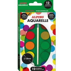 ALPINO PACK DE 12 ACUARELAS - 28MM DIAMETRO - COLORES INTENSOS - INCLUYE PINCEL - COLORES SURTIDOS