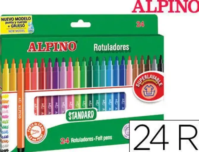 ALPINO PACK DE 24 ROTULADORES ESCOLARES - PUNTA FINA DE 3MM - SUPERLAVABLES Y BRILLANTES - DESARROLLA LA CREATIVIDAD - COLORES SURTIDOS