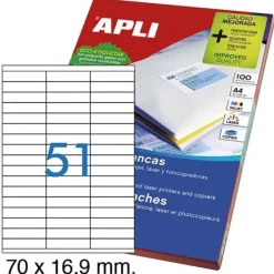APLI CAJA 100 HOJAS ETIQUETAS BLANCAS CANTOS RECTOS I/L/C70 X 16.9 MM REF. 1294