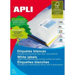 APLI CAJA 100 HOJAS ETIQUETAS BLANCAS CANTOS RECTOS I/L/C105 X 70 MM REF. 1292
