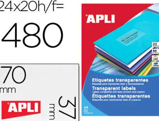APLI ETIQUETAS APLI A4 70X37 TRANS. 20H 1224 MAK002082