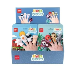 APLI FINGER PUPPETS EXPOSITOR DE 12 PACKS DE MARIONETAS PARA DEDOS - DISEÑOS ANIMALES DE LA GRANJA Y ANIMALES DE LA JUNGLA - RECOMENDADO PARA NIÑOS A PARTIR DE 3 AÑOS