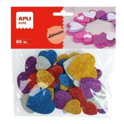 APLI FORMAS DE CORAZONES ADHESIVAS DE GOMA EVA - 50 FORMAS - MEDIDAS SURTIDAS - MATERIAL SUAVE Y SEGURO - COLORES SURTIDOS PURPURINA