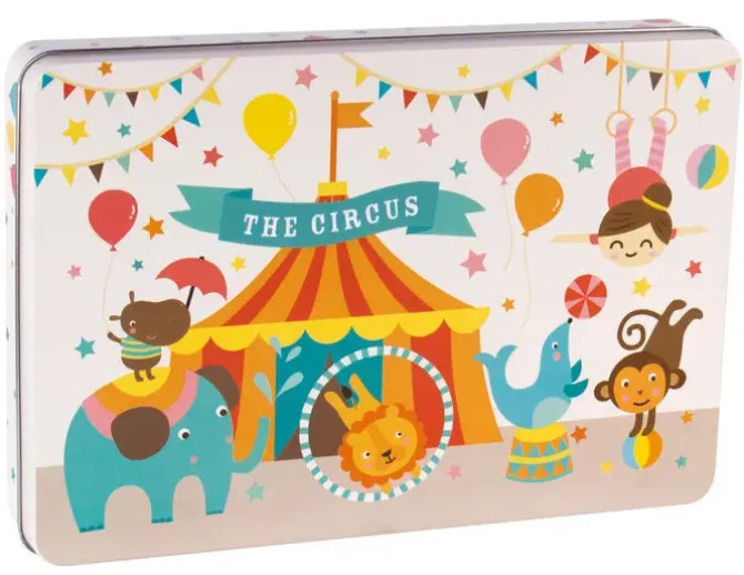 APLI KIDS PUZZLE TEMATICA CIRCO - 24 PIEZAS DE 8X8CM - DISEÑO EXCLUSIVO DE LILY LANE - FACIL MANEJO PARA NIÑOS - CARTON DE 2MM CON ACABADO BRILLANTE - CAJA METALICA RECTANGULAR