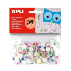 APLI PACK DE 100 OJOS MOVILES REDONDOS ADHESIVOS - MEDIDAS SURTIDAS Ø 10 MM - COLORES SURTIDOS