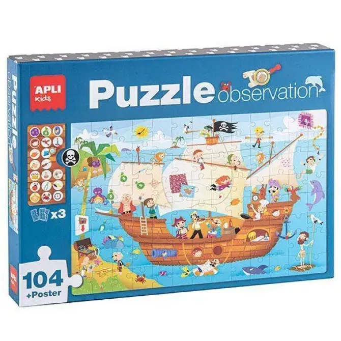 APLI PUZZLE OBSERVACION BARCO PIRATA DE 104 PIEZAS DE 5X5CM - INCLUYE POSTER Y 3 FICHAS - FACIL MANEJO - DESARROLLA HABILIDADES Y AUTOESTIMA - RECOMENDADO PARA NIÑOS A PARTIR DE 5 AÑOS