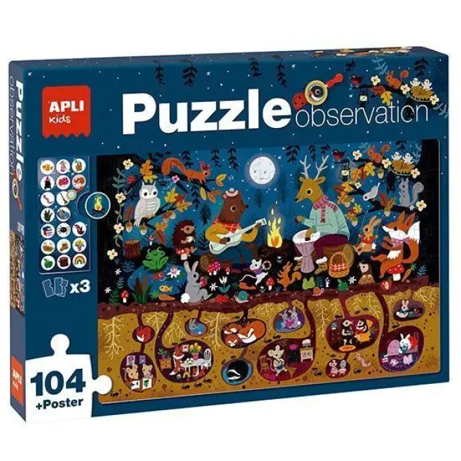 APLI PUZZLE OBSERVACION BOSQUE DE 104 PIEZAS DE 5X5CM - INCLUYE POSTER Y 3 FICHAS - FACIL MANEJO - DESARROLLA HABILIDADES Y AUTOESTIMA - RECOMENDADO PARA NIÑOS A PARTIR DE 5 AÑOS