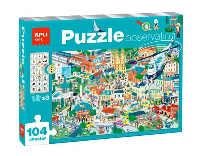 APLI PUZZLE OBSERVACION CIUDAD DE 104 PIEZAS DE 5X5CM - INCLUYE POSTER Y 3 FICHAS - FACIL MANEJO - DESARROLLA HABILIDADES Y AUTOESTIMA - RECOMENDADO PARA NIÑOS A PARTIR DE 5 AÑOS